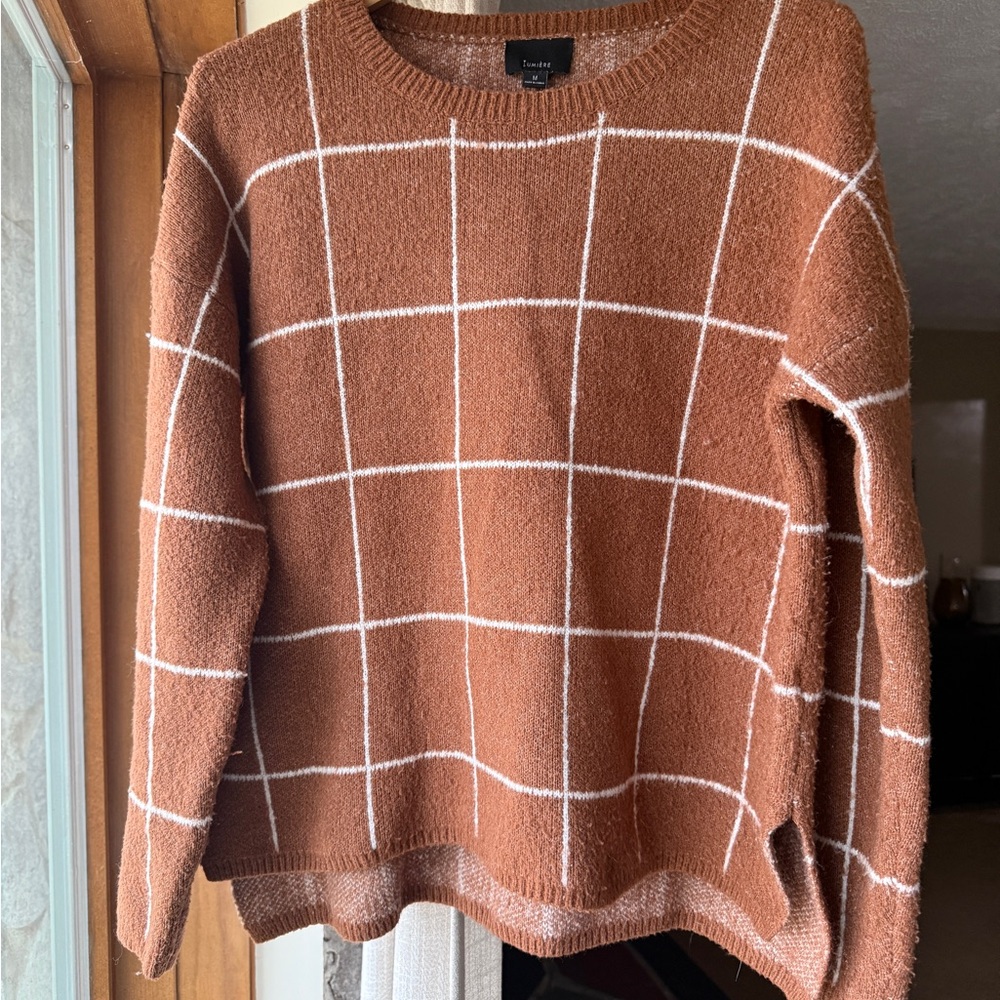 Lumiere Rust and White Windowpane Crewneck Sweater